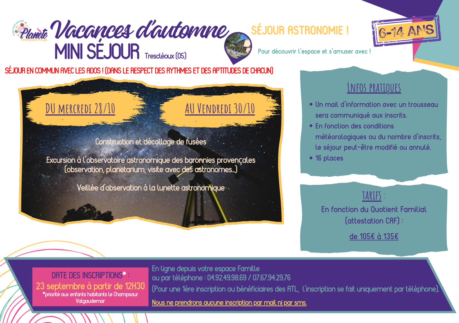 Visuel présentant le mini-séjour astronomie à Trescléoux